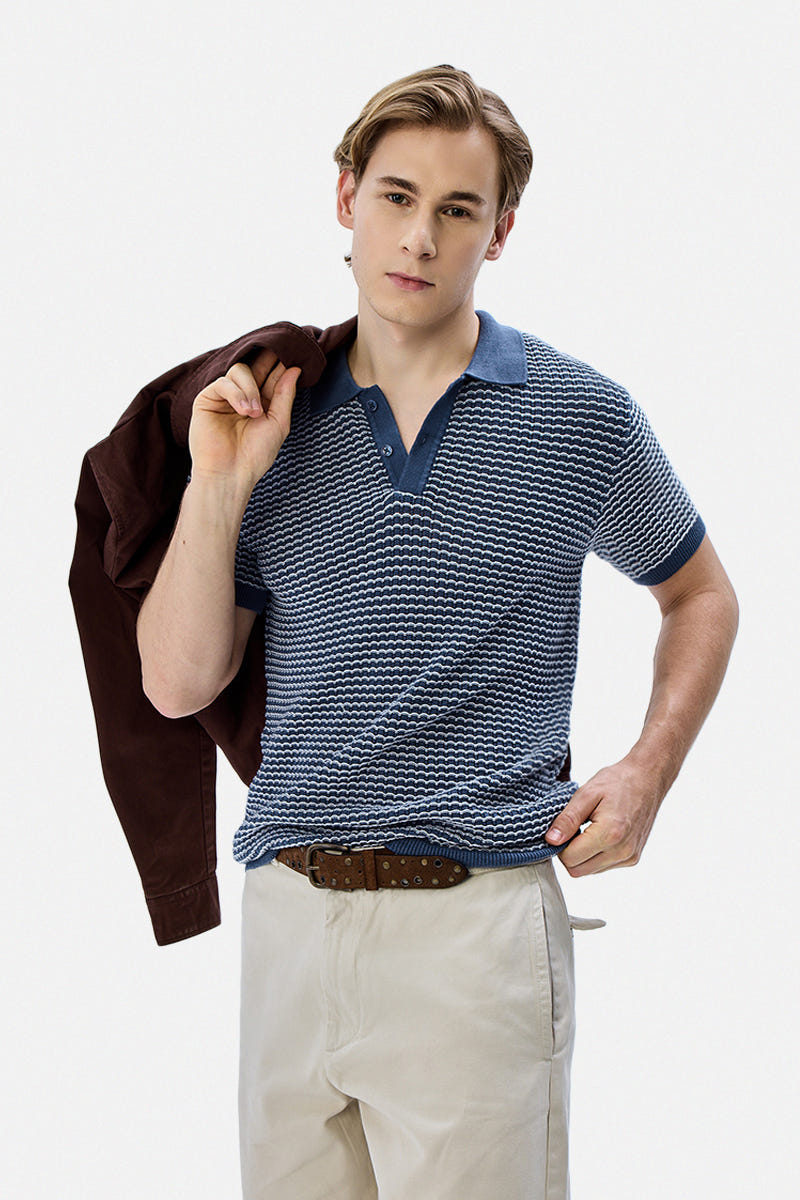Textured Knit Wave Design Polo T-Shirt