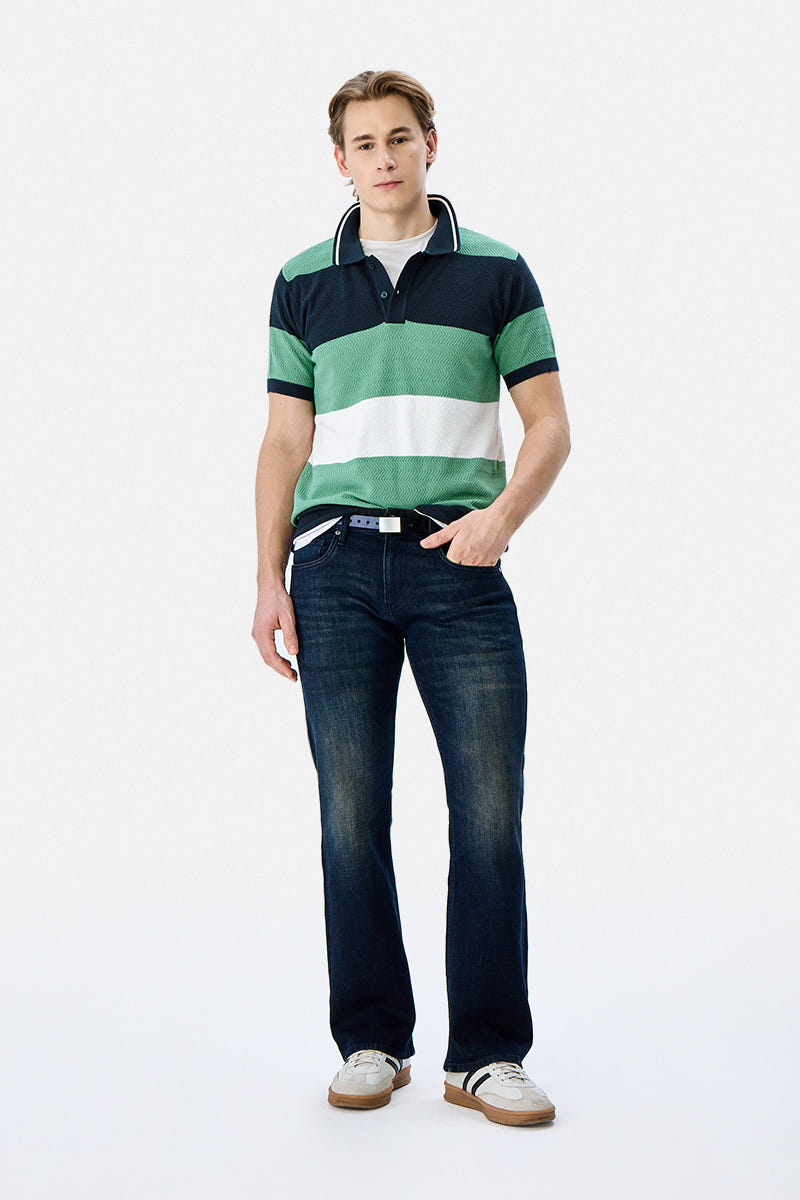 Textured Stripes Flat Knit Polo T-Shirt
