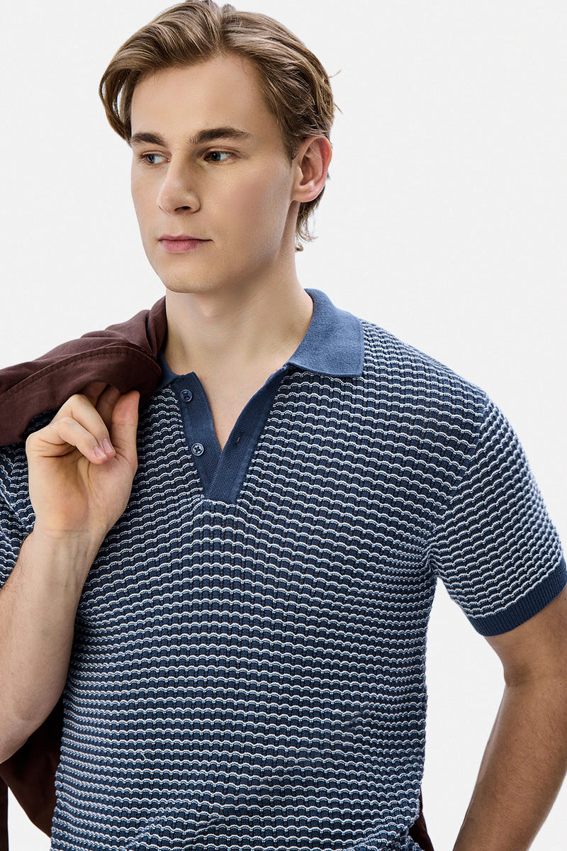 Textured Knit Wave Design Polo T-Shirt