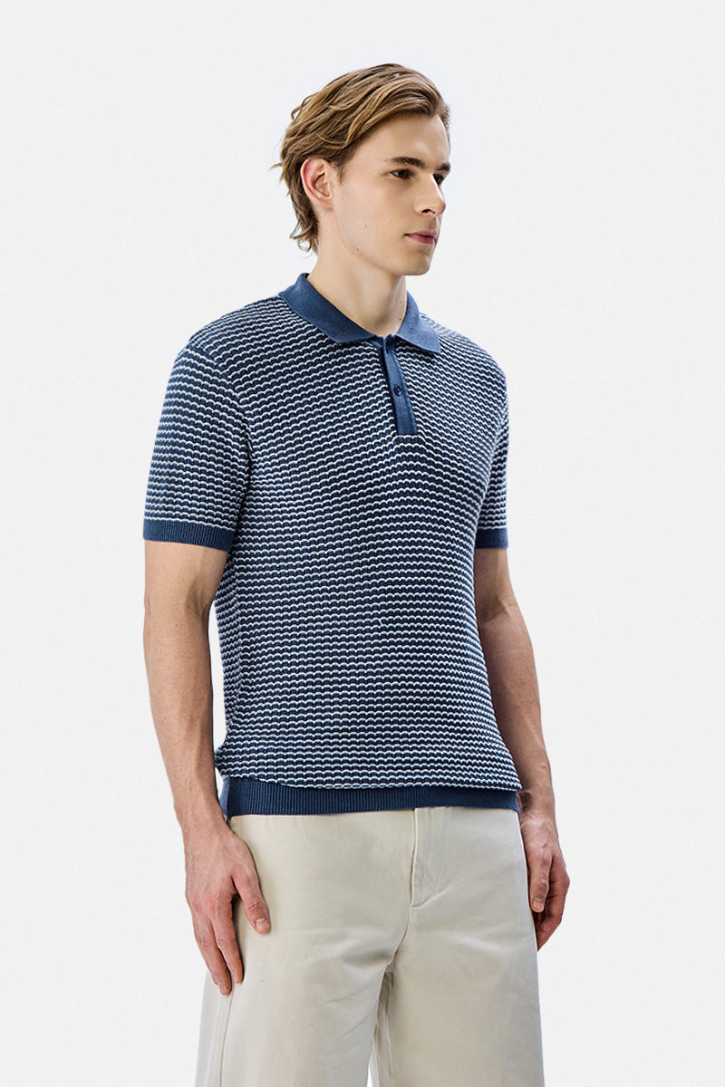 Textured Knit Wave Design Polo T-Shirt