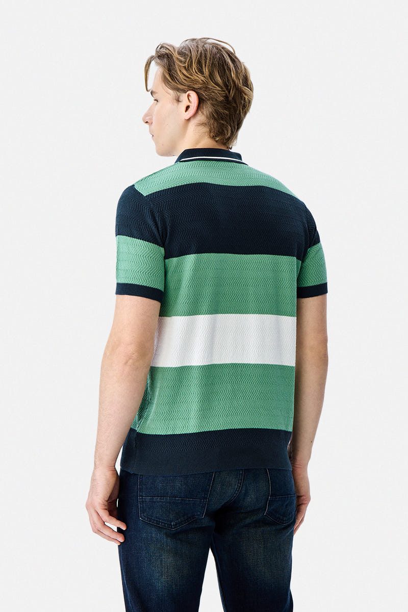Textured Stripes Flat Knit Polo T-Shirt