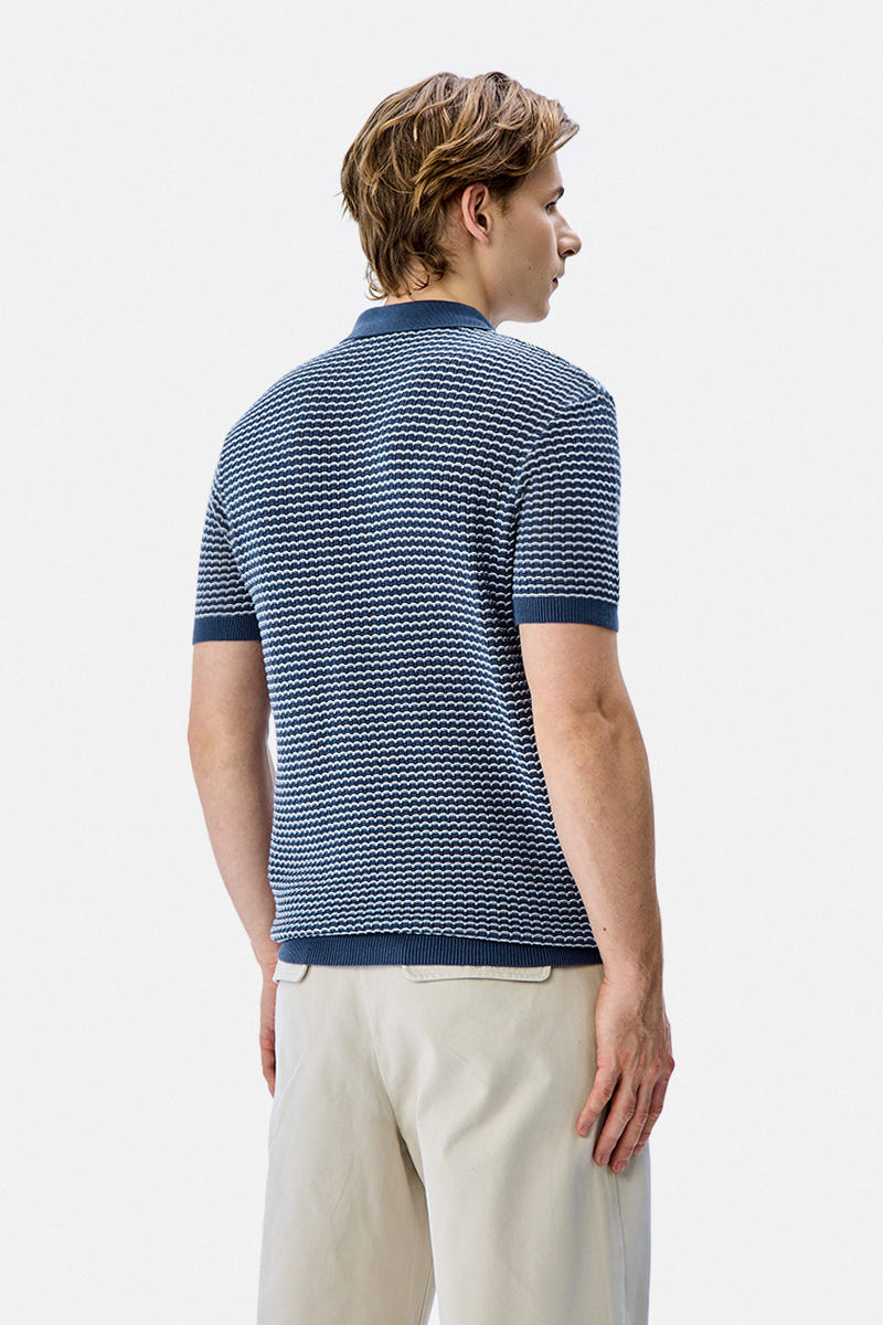 Textured Knit Wave Design Polo T-Shirt